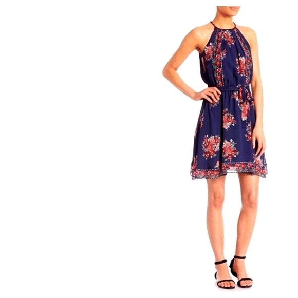 Joie Navy Floral Halter Makana Silk Dress L - Picture 1 of 10